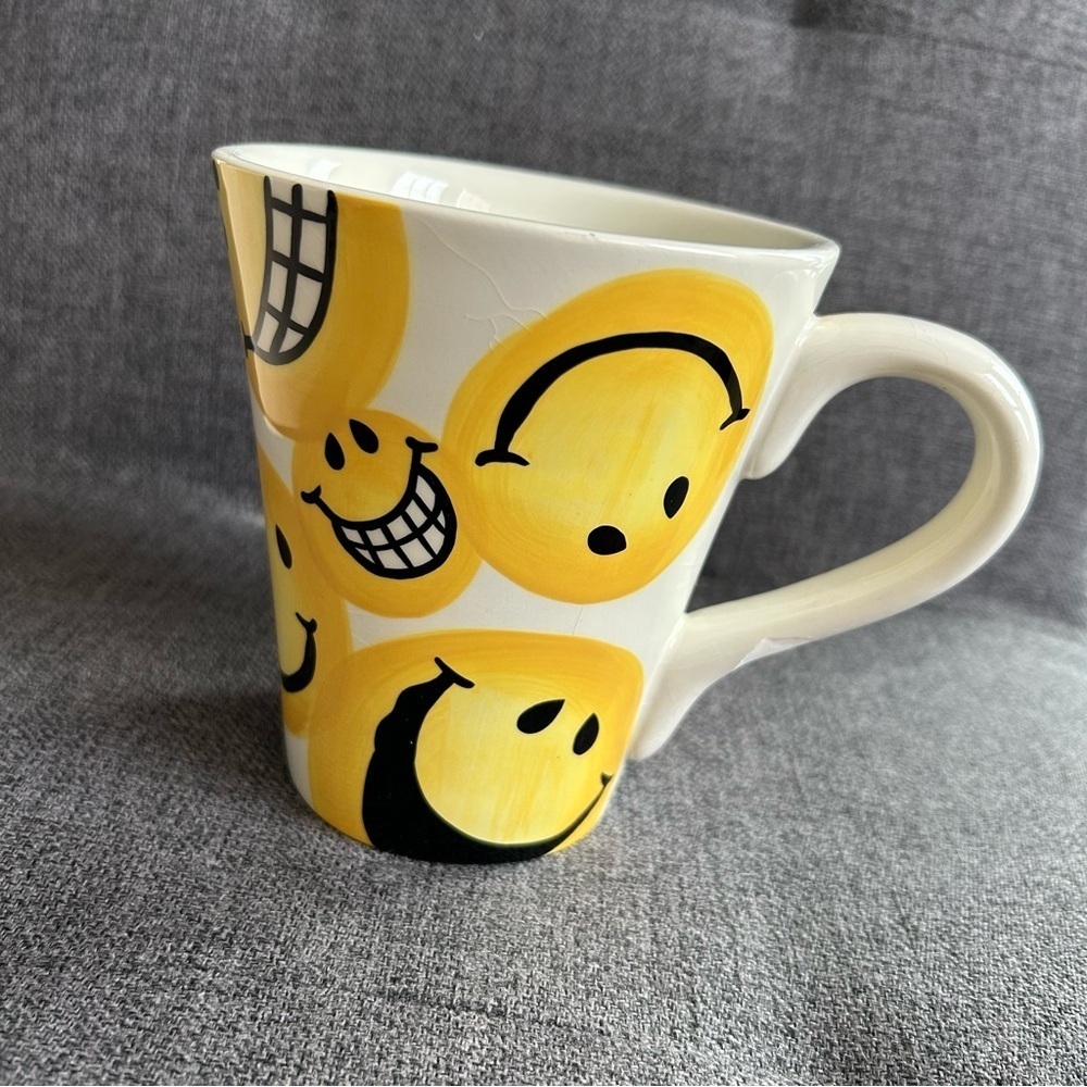Smiley Face Emoji Covered Coffee Mug, Yellow, White, 15 oz - Picture 14 of 14